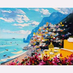 Positano original oil painting Italy cityscape art Landscape artwork Italian seascape above sofa 16" by 20"