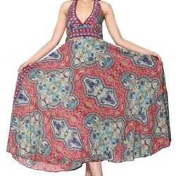 silk blend red green printed dress
