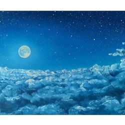 Moon Painting Night Sky Oil Painting Skyscape 8 by 12 Starry Night Original Art Clouds Wall Art Moonlight