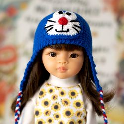 Cat Doraemon hat for 13" dolls Paola Reina, Meadowdolls Dumplings, Siblies, Little Darling, doll outfit for Halloween