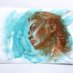Expressive original watercolor painting Green painting Wall art decor Female painting