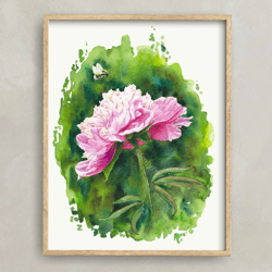 Pink Peony Flower Art Print, Flower Wall Decor, Floral Art, Watercolor Painting, Orange Art, Flower Painting
