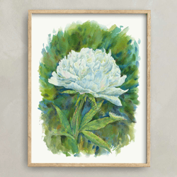 White Peony Flower Art Print, Flower Wall Decor, Floral Art, Watercolor Painting, Orange Art, Flower Painting