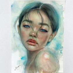 Original watercolor painting Asian beautiful girl Wall art decor Female painting Blue green art