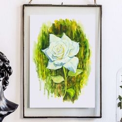 White Rose Flower Art Print, Flower Wall Decor, Floral Art, Watercolor Painting, Orange Art, Flower Painting