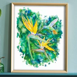 Bird of Paradise Flower Art Print, Flower Wall Decor, Floral Art, Watercolor Painting, Orange Art, Flower Painting