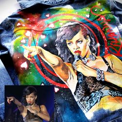 unisex denim jacket, hand painted jean jacket,custom clothes,unique designer art, portrait dy photo Rihanna,street style