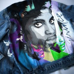 hand painted unisex denim jean jacket, Portrait by photo Prince,custom clothes, unique designer art, wearable art
