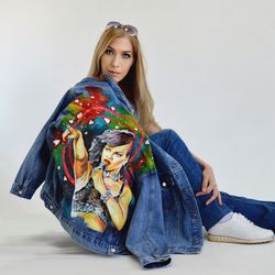 Womens Hand Painted Denim Jacket, Portrait from photo Rihanna, Custom girl denim jacket, Personalized jean jackets