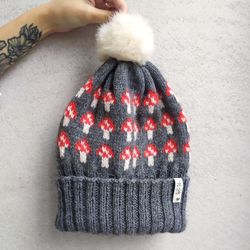 Grey jacquard warm hand-knitted hat
