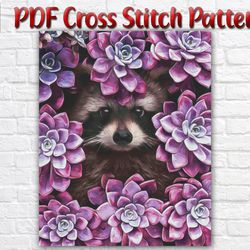 Raccoon Cross Stitch Pattern / Cute Animal PDF Cross Stitch Chart / Flowers Cross Stitch Design / Raccoon Instant Chart