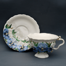 Pansies Cup and saucer, Porcelain Flowers Tea Set, violets Volumetric decor Hand painted , Beautiful collectible tea set