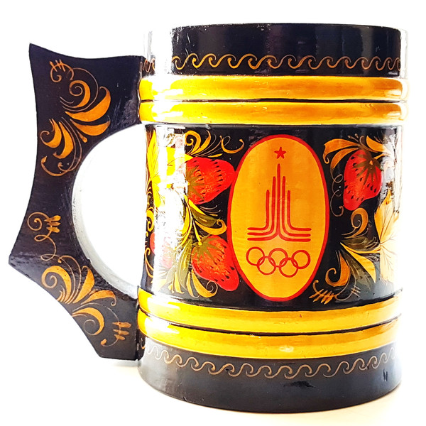 1 Vintage USSR Hand Painted Russian KHOKHLOMA Wooden Mug devoted Olympic Games Moscow 1980.jpg