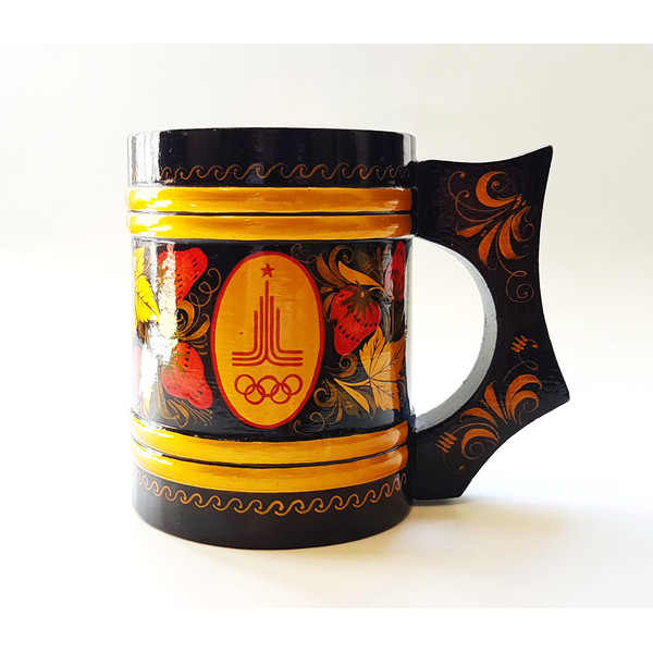 5 Vintage USSR Hand Painted Russian KHOKHLOMA Wooden Mug devoted Olympic Games Moscow 1980.jpg