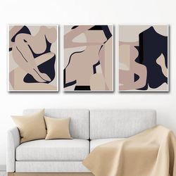 Abstract Women Female Painting Set of 3 Prints Beige Black Art Bedroom Decor Printable Wall Art Pastel Artwork Large Art