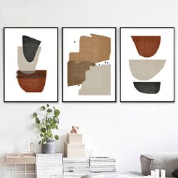 brown gray wall art abstract poster set of 3 prints large art instant download home decor abstract shape modern pictures