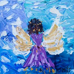 African Angel Painting Religious Original Art 8" Black Angel Artwork Fairy Gold
