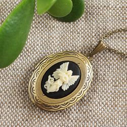 Guardian Angel Cameo Photo Locket Necklace Vintage Ivory on Black Cameo Victorian Locket Pendant Necklace Jewelry 7240