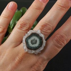 Quartz Crystal Ring Amethyst Stalactite Slice Adjustable Ring Sterling Silver Light Purple Gray Druze Ring Jewelry 7039