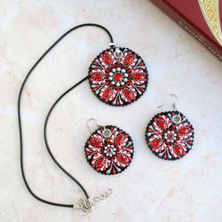 leather jewelry set, leather choker and earrings, hand painted jewelry set, mandala pendant, circle leather earrings