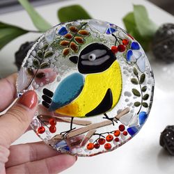 Candy dish or dessert plates with bird tit - Fused glass hand painted plates