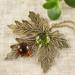 Brass Maple Leaf Necklace Woodland Forest Nature Botanical Boho Olive Green Red Fall Pendant Necklace Jewelry Gift 5396