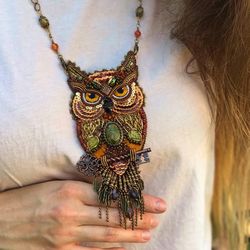 massive pendant in the form of an owl with natural stones, ethnic boho necklace