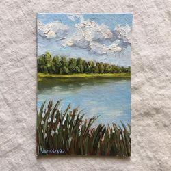 Pond Small Painting Original Clouds Oil Artwork Forest Small Painting Impressionist Art