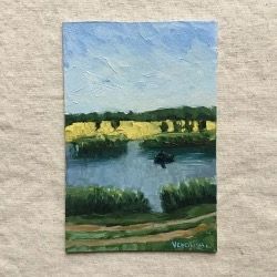 Pond Small Painting Original Fisherman Oil Artwork Pathway Small Painting Impressionist Art UNFRAMED