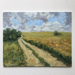 Landscape Original Painting Landscape Countryside Oil Painting Neutral Artwork Living Room Horizontal Meadow Wall Art