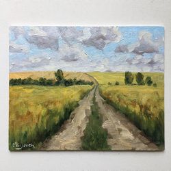 Field Original Painting Landscape Countryside Oil Painting Neutral Artwork Living Room Horizontal Trees Wall Art