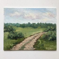Green Landscape Original Painting Countryside Oil Painting Neutral Artwork Trees Wall Art