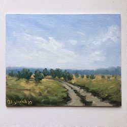 Country Road Original Painting Countryside Oil Painting Neutral Artwork Trees Wall Art