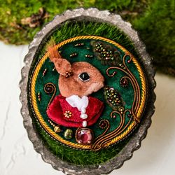 Brooch Mr. Squirrel Embroidered miniature, brooch with beads and velvet
