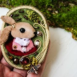 Cute gift Brooch miniature Monsieur Rabbit, brooch with beads and beads, hand embroidery