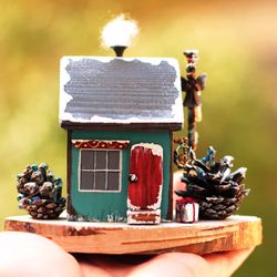 Blue christmas village house 4" with a guardian angel. Vintage style small wooden house. Merry christmas gift