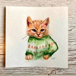 Cute Kitten Watercolor Painting, Original Watercolor Animals, Cottagecore Painting, Cat Small Wall Decor, Winter Animals