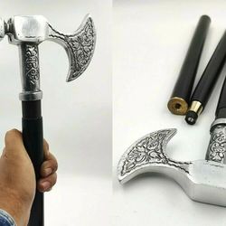 Silver Finish Metal Axe Head Handle Wooden Walking cane-Walking Stick-Cane 3 Part Open Accessories Spare Part GIFT