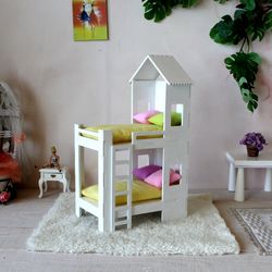 Miniature bunk bed 1/12 scale dollhouse furniture. White wooden twin bed house for Realpuki Pukipuki Irealdoll BJD