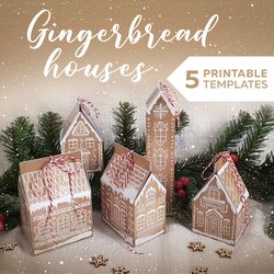 Christmas Gingerbread 5 Houses DIY gift boxes template. Vintage Craft paper house Printable PDF files set for print