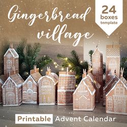 Vintage Christmas Advent Calendar Gingerbread Village Houses template. Printable 24 boxes countdown to Christmas.
