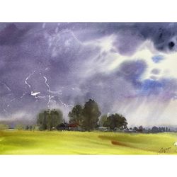 Rainy day watercolor landscape painting Landscape art Wall decor Painting for wall