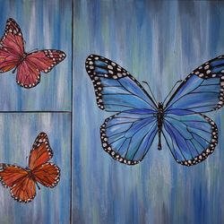 Butterflies Painting Canvas Oil Painting Original Art Triptych Painting Blue Butterfly Wall Art