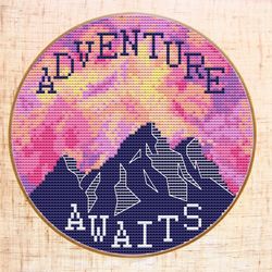 Adventure Awaits Cross Stitch Pattern, Modern Cross Stitch Mountains, Pink sky hoop art PDF