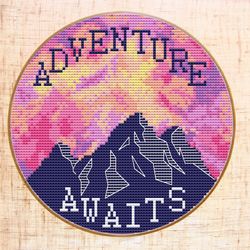 adventure awaits cross stitch pattern, modern cross stitch mountains, pink sky hoop art pdf