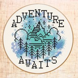 Adventure cross stitch pattern Mountain cross stitch Watercolor embroidery Adventure awaits cross stitch Travel