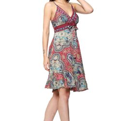silk blend red green printed mini dress