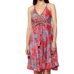 silk blend red blue printed mini dress