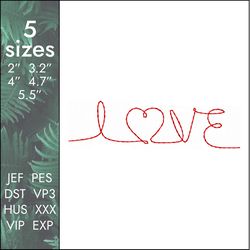 love embroidery design, one line, heart, valentine, 5 sizes