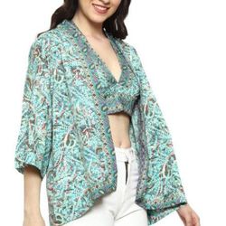 silk blend pink kimono jacket with crop top